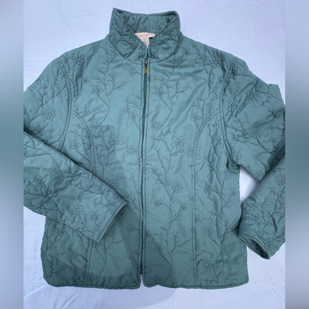 Vintage Quilted Floral Puffer Jacket - Sage Green